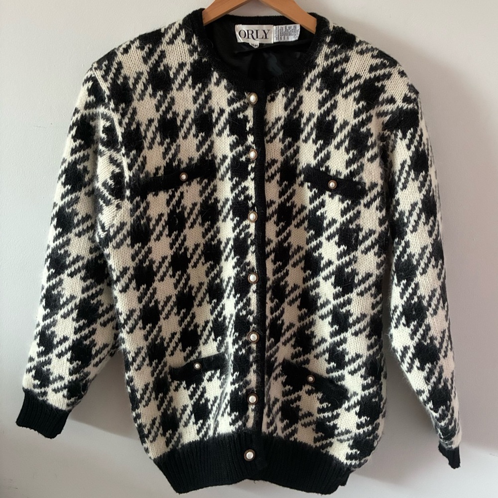 ORLY | Vtg 80s Houndstooth Cardigan Angora Wool - Medium